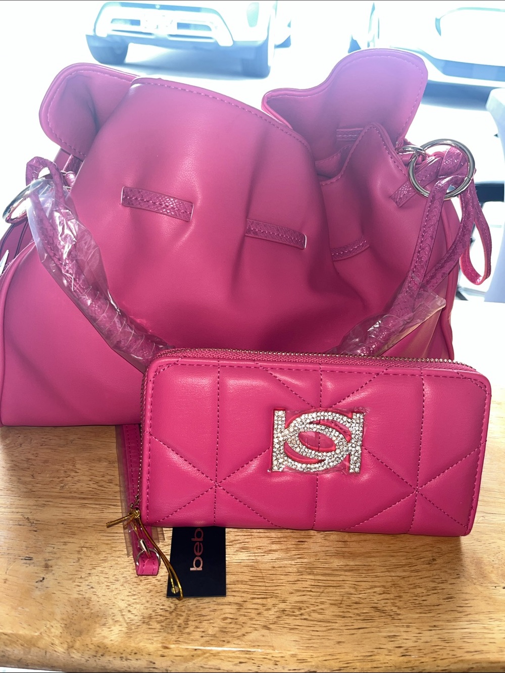 bebe Hot Pink Quilted Wallet and Drawstring Shoulder Bag Set